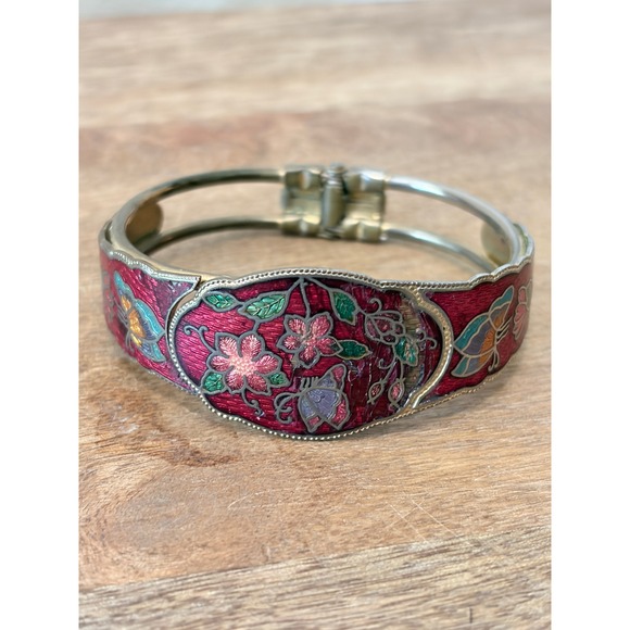 Jewelry - Vintage Red Cloisonne Enamel Butterfly Hinged Bangle Bracelet Floral Boho